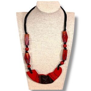 Vintage Red Black Tribal Beaded Necklace Handmade Painted Wood